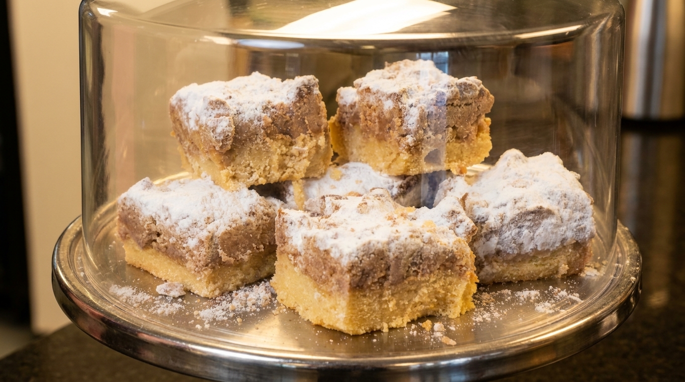 Powdered sugar-dusted coffee cake squares with a crumb topping sit on a silver platter under a glass dome.