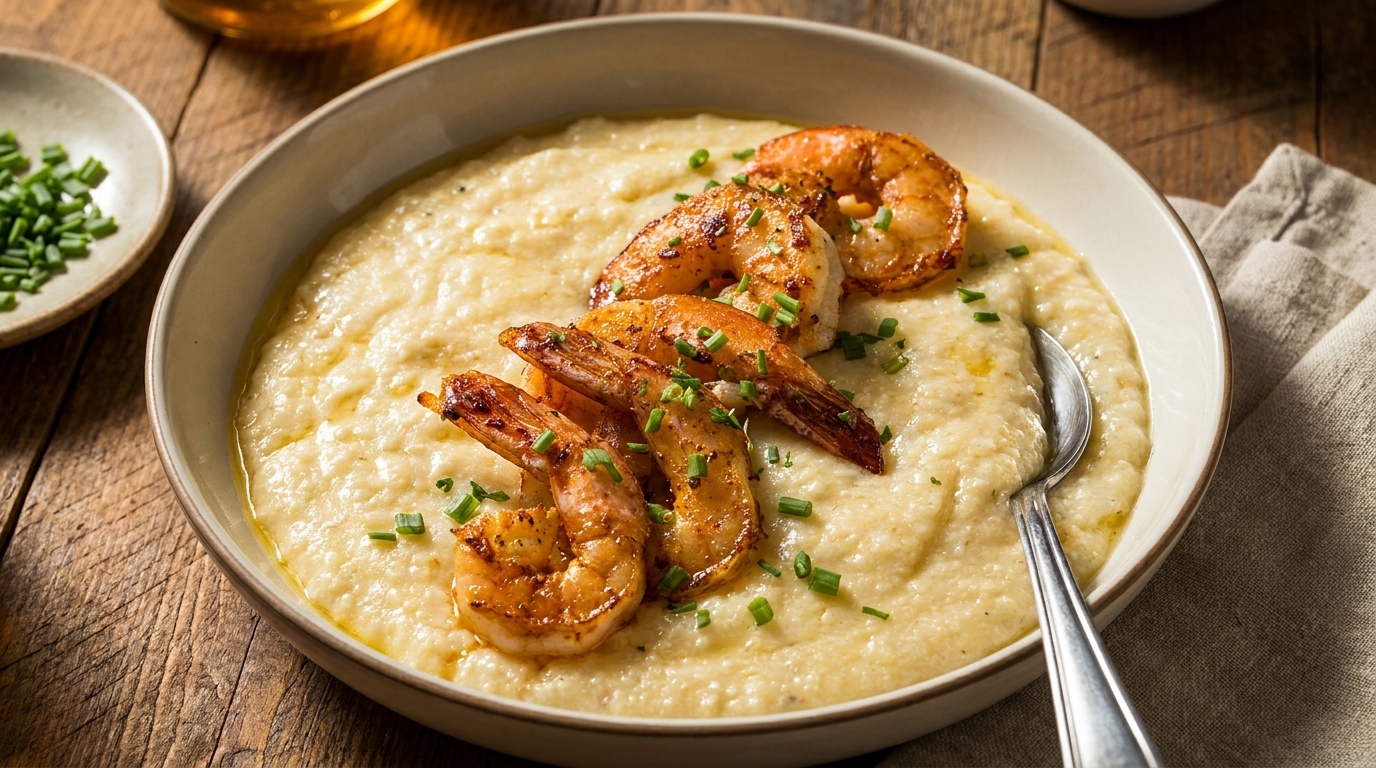 Creamy shrimp and grits with chives in a bowl on a rustic wooden table.