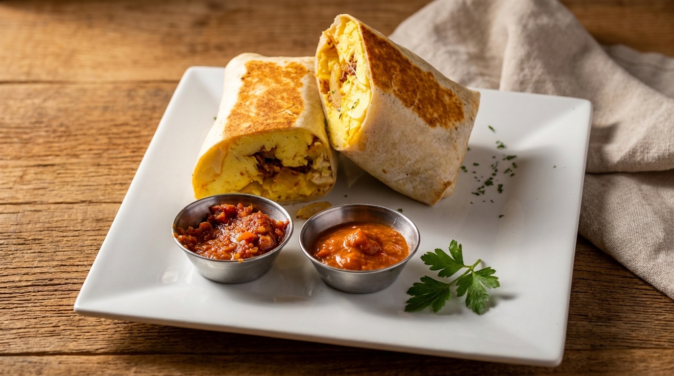 Two breakfast burritos filled with eggs and bacon, served with two small cups of salsa.
