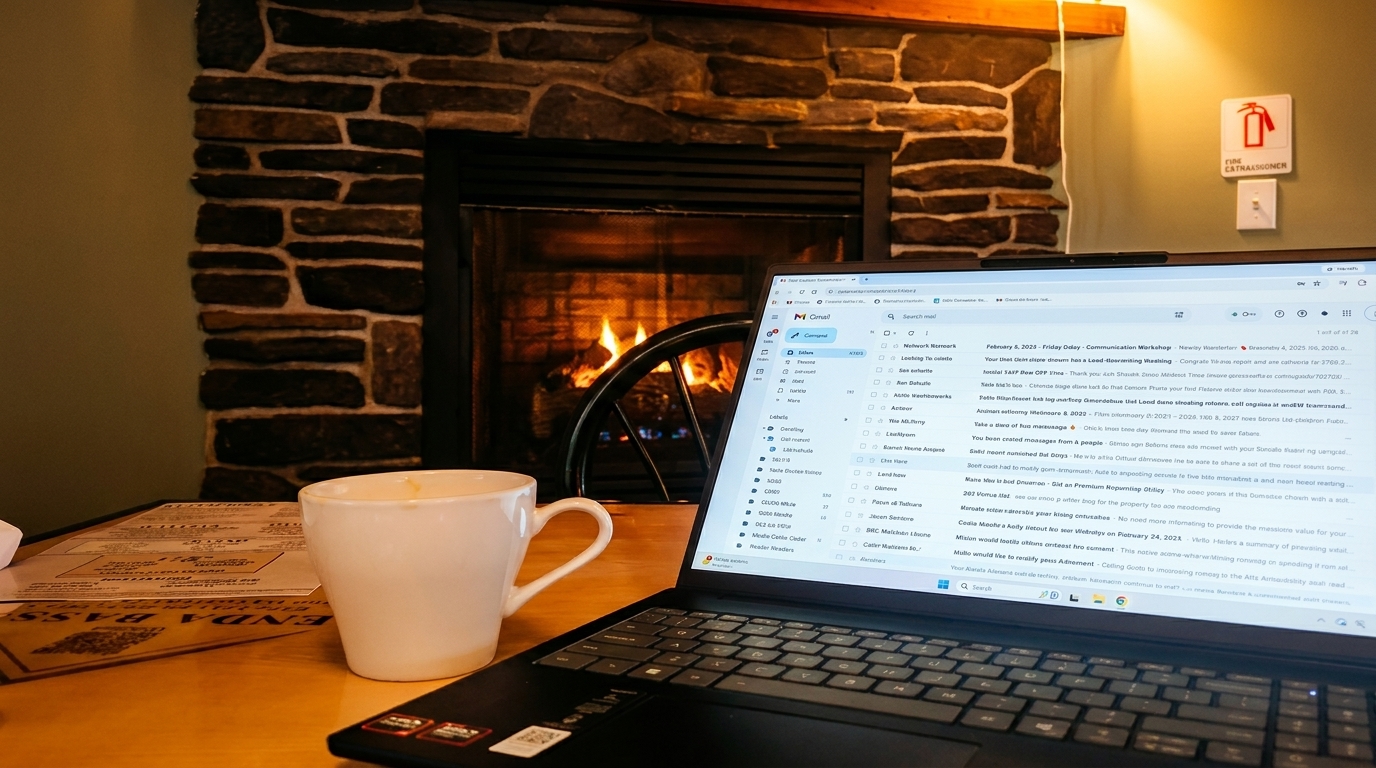 A laptop and coffee mug on a wooden table, with a cozy fireplace burning in the background.