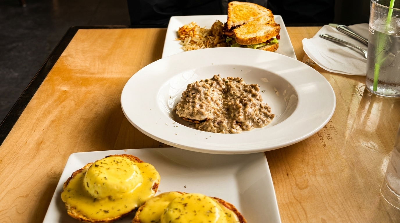 Three breakfast plates on a wooden table: eggs Benedict, biscuits and gravy, and a sandwich with hash browns.