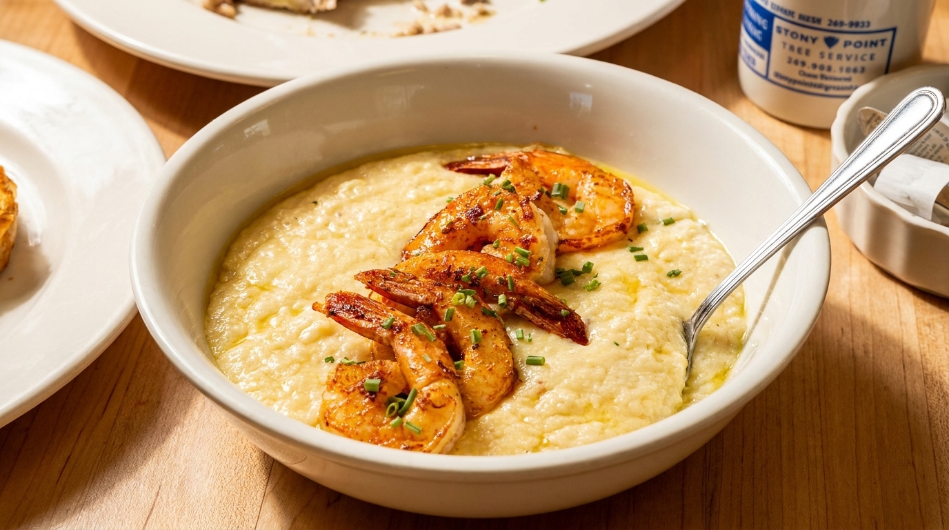 Shrimp and grits in a white bowl with a spoon, garnished with chives on a wooden table.