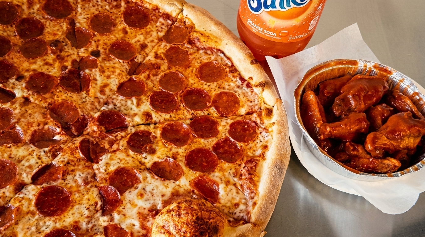 Pepperoni pizza, a container of buffalo wings, and an orange soda on a metal surface.