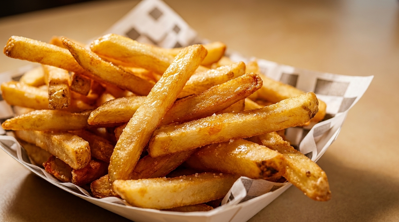 A close-up of golden, crispy french fries with salt, served in a checkered paper tray.