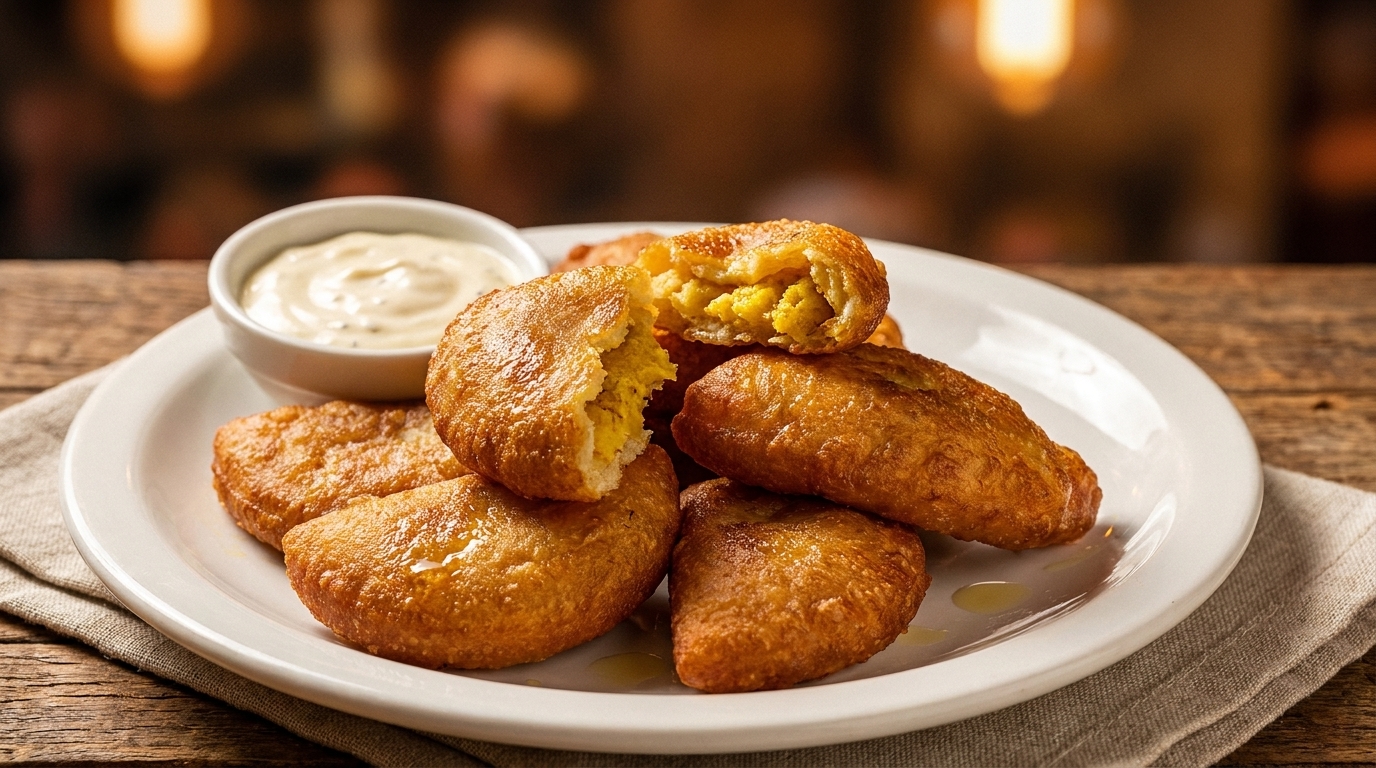 Golden-brown fried empanadas, one broken open to show a yellow filling, with a side of dipping sauce.