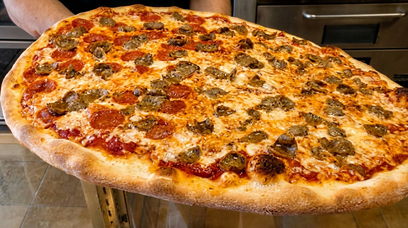 A large, freshly baked pizza with pepperoni and sausage toppings, held by a person.