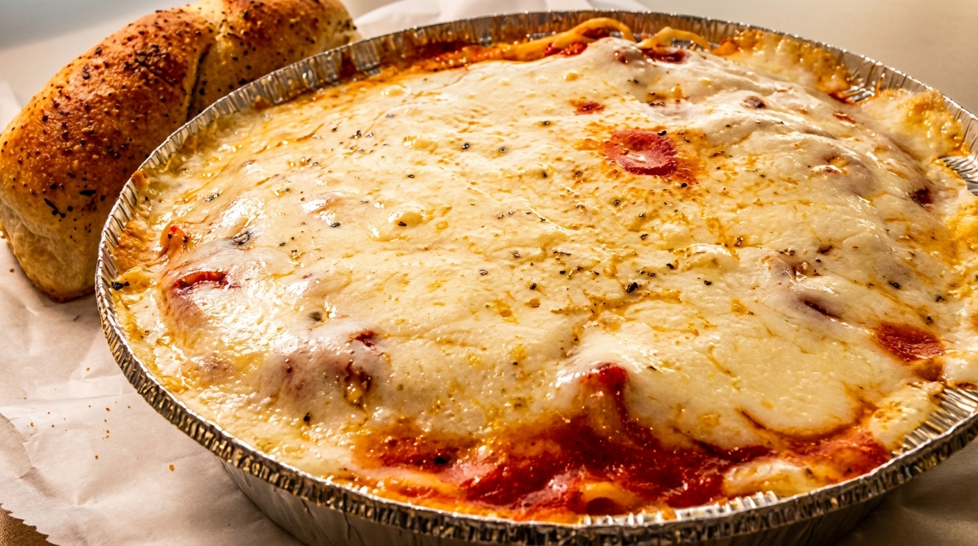 Baked spaghetti with melted cheese and red sauce in a foil pan, with a side of garlic bread.