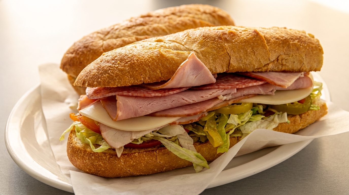 Two large deli sandwiches with various meats, cheese, lettuce, tomatoes, and peppers on a white plate.
