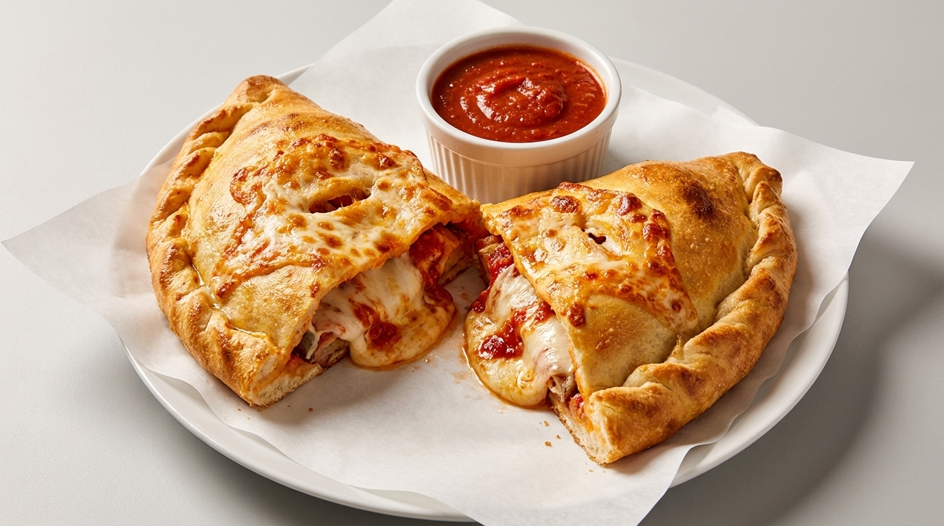 Two golden-brown calzones, one sliced open revealing melted cheese and sauce, with a side of marinara.