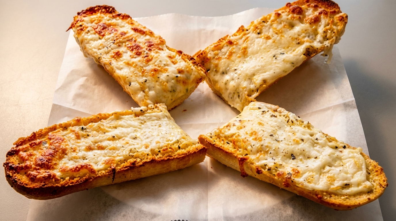 Four pieces of cheesy garlic bread with melted cheese and herbs on parchment paper.