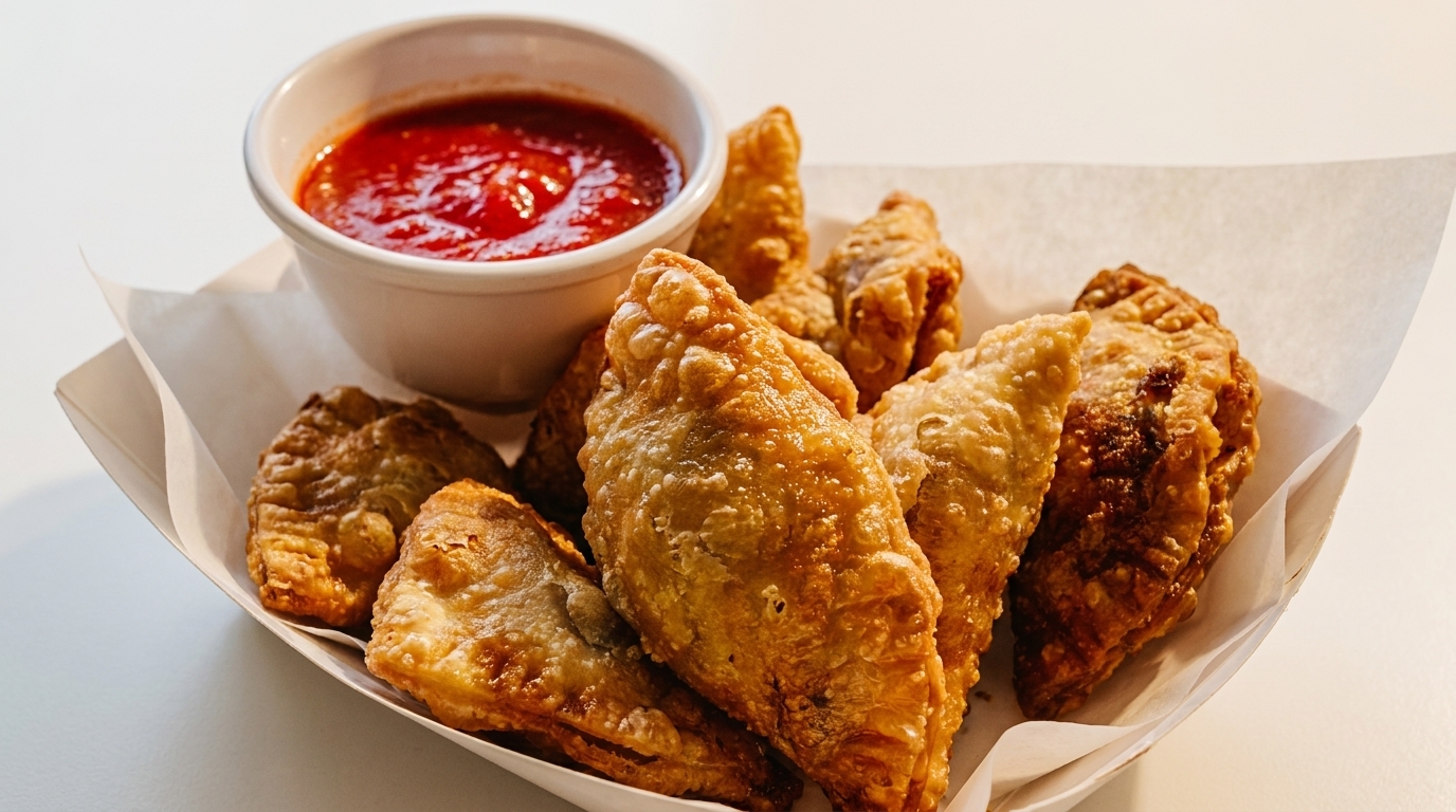 Golden-brown fried empanadas with a side of red dipping sauce in a white paper tray.