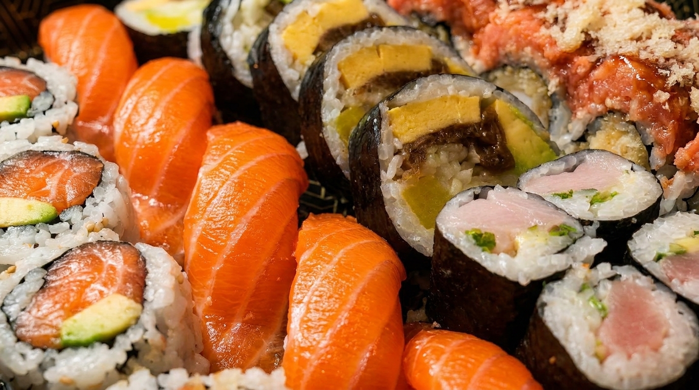 A close-up of a vibrant sushi platter featuring salmon nigiri, various maki rolls, and sashimi.