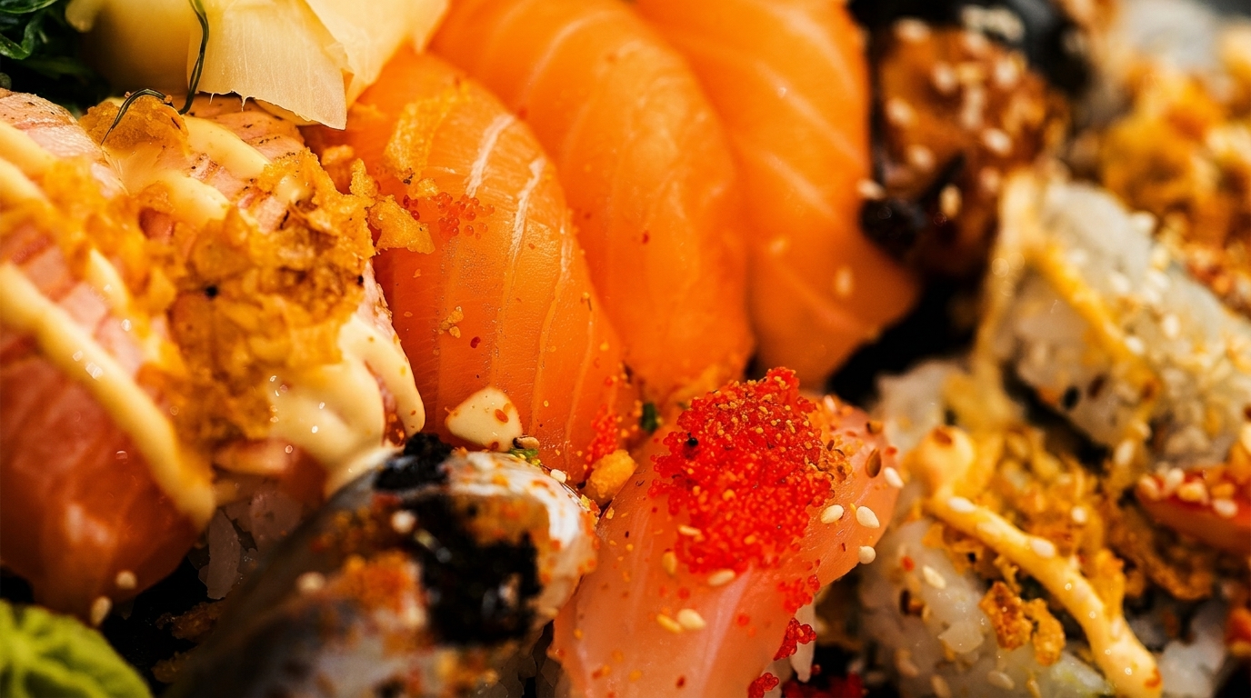 Close-up of a vibrant sushi platter featuring salmon nigiri, rolls with roe, and crispy toppings.
