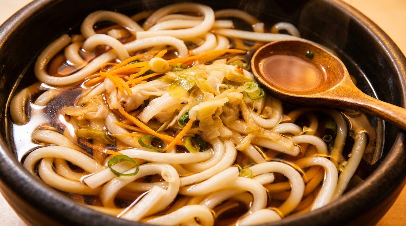 Close-up of a bowl of udon noodles with broth, shredded carrots, cabbage, and a wooden spoon.