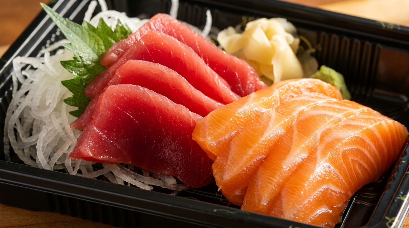 Fresh salmon and tuna sashimi with shredded daikon, ginger, and wasabi in a black container.