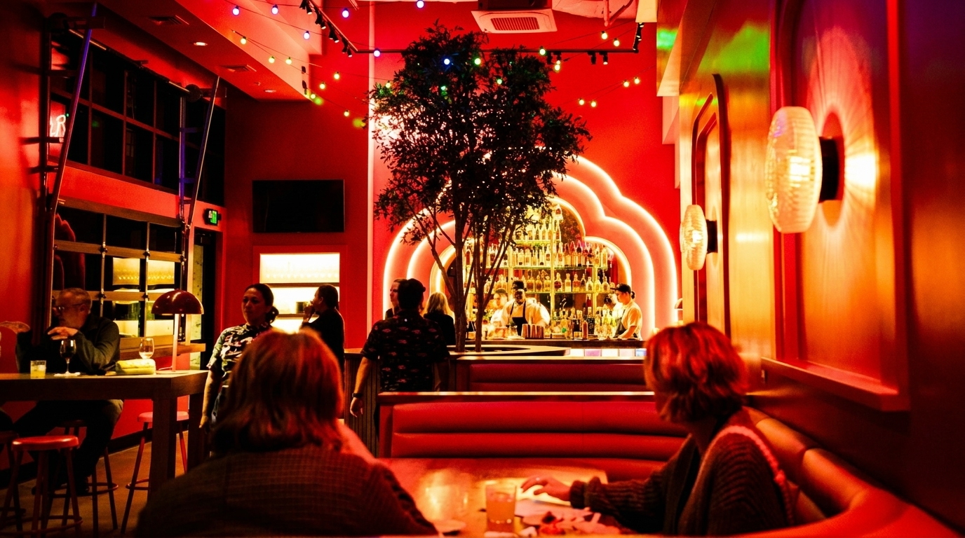 A vibrant, red-lit restaurant interior with patrons, a bar, and a decorative tree.