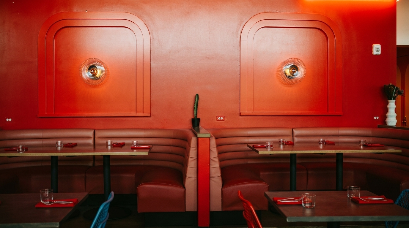 Vibrant red restaurant interior with booth seating, wooden tables, and decorative wall sconces.