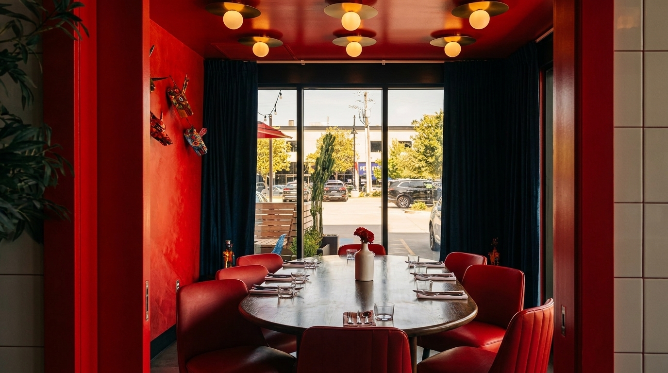 A private dining room with red walls, red chairs, a large wooden table, and a window view.