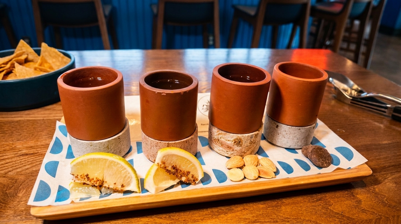Four clay cups with drinks, lemon slices, almonds, and a chocolate on a wooden tray.