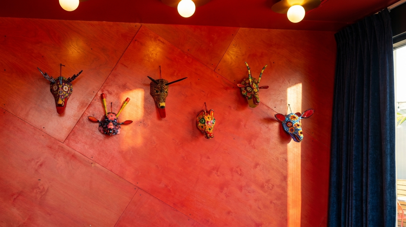 Colorful animal masks adorn a vibrant red wall, illuminated by warm sunlight and ceiling lights.