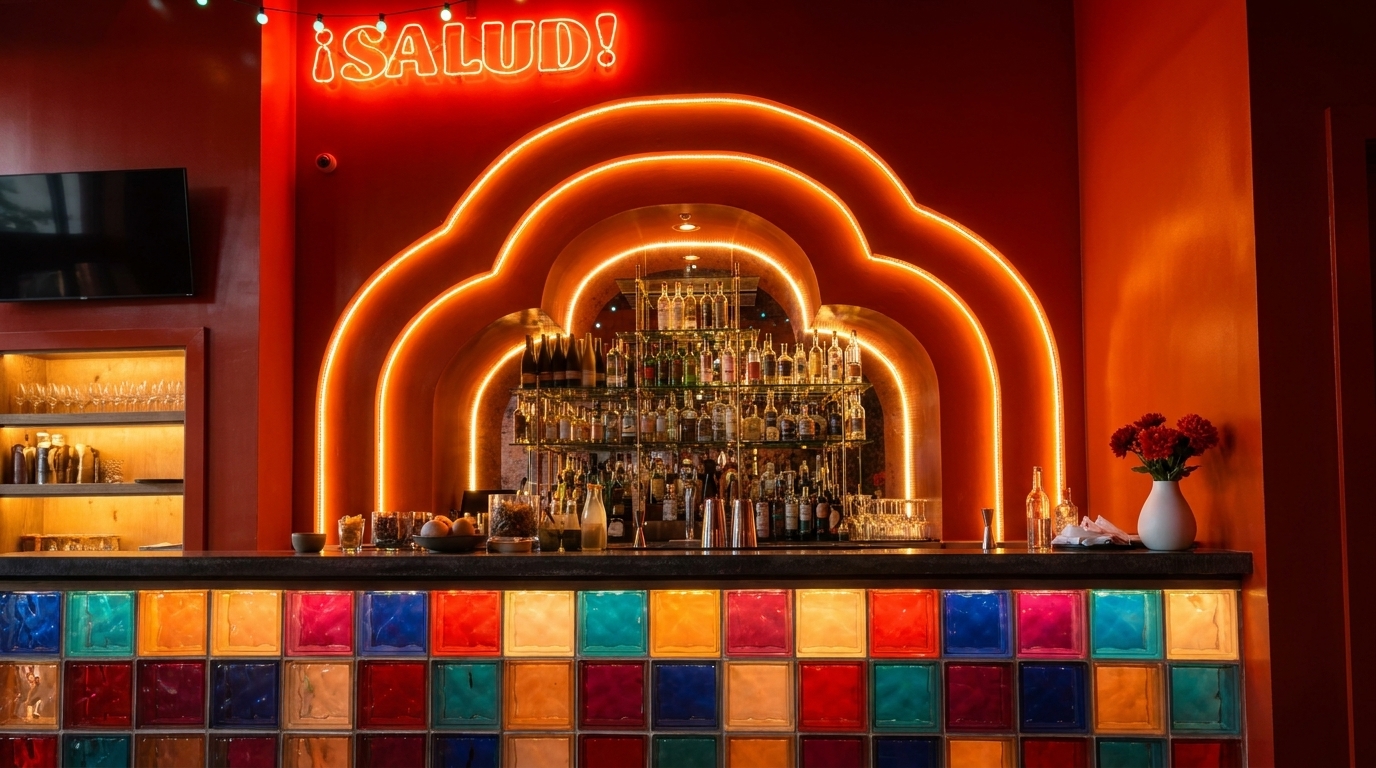 Vibrant bar with a colorful glass block counter, neon "¡SALUD!" sign, and arched lighting.