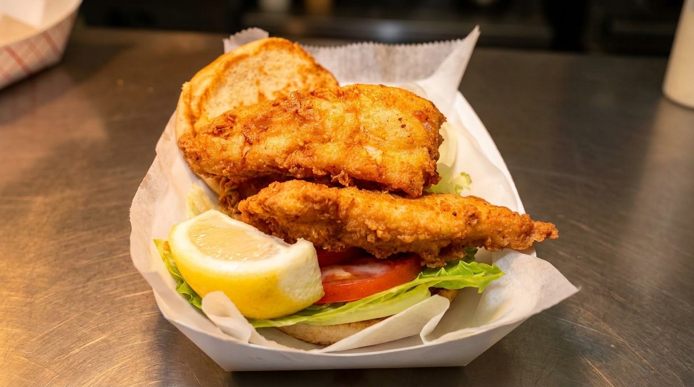 Crispy fried fish sandwich with lettuce, tomato, and a lemon wedge in a paper tray.