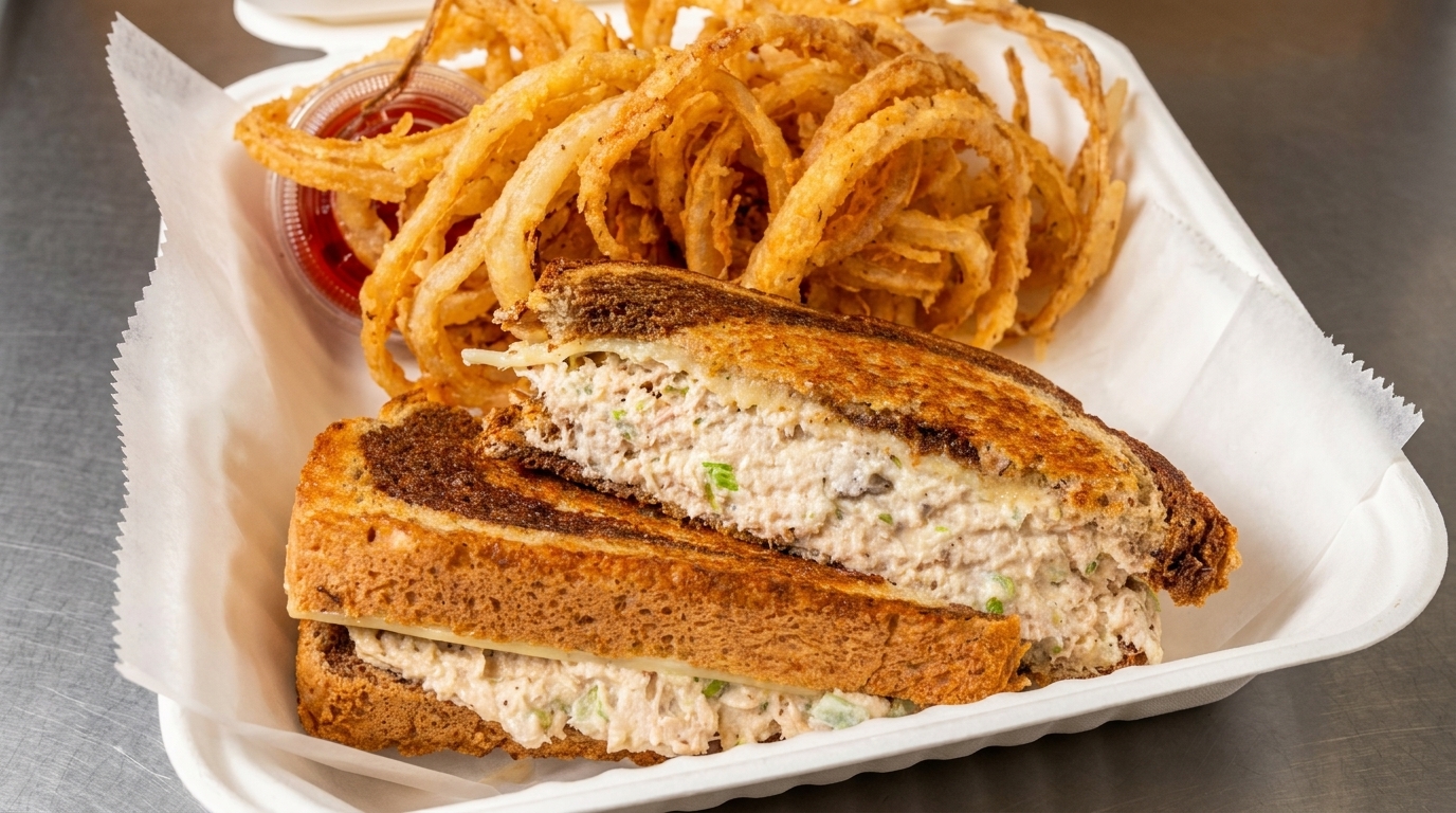 Tuna melt sandwich on grilled rye bread with a side of crispy onion rings and ketchup.