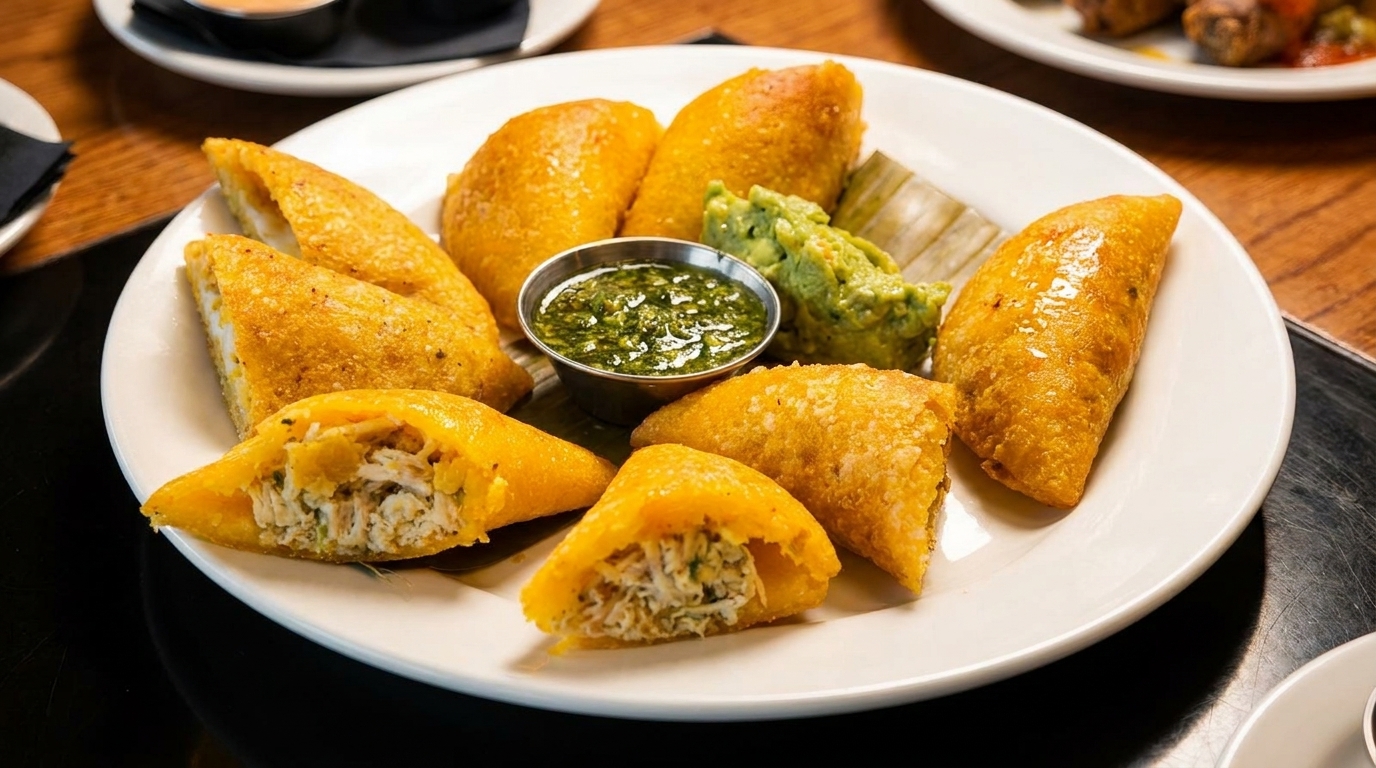 A plate of golden-fried empanadas, some cut open to show chicken filling, with green sauce and guacamole.