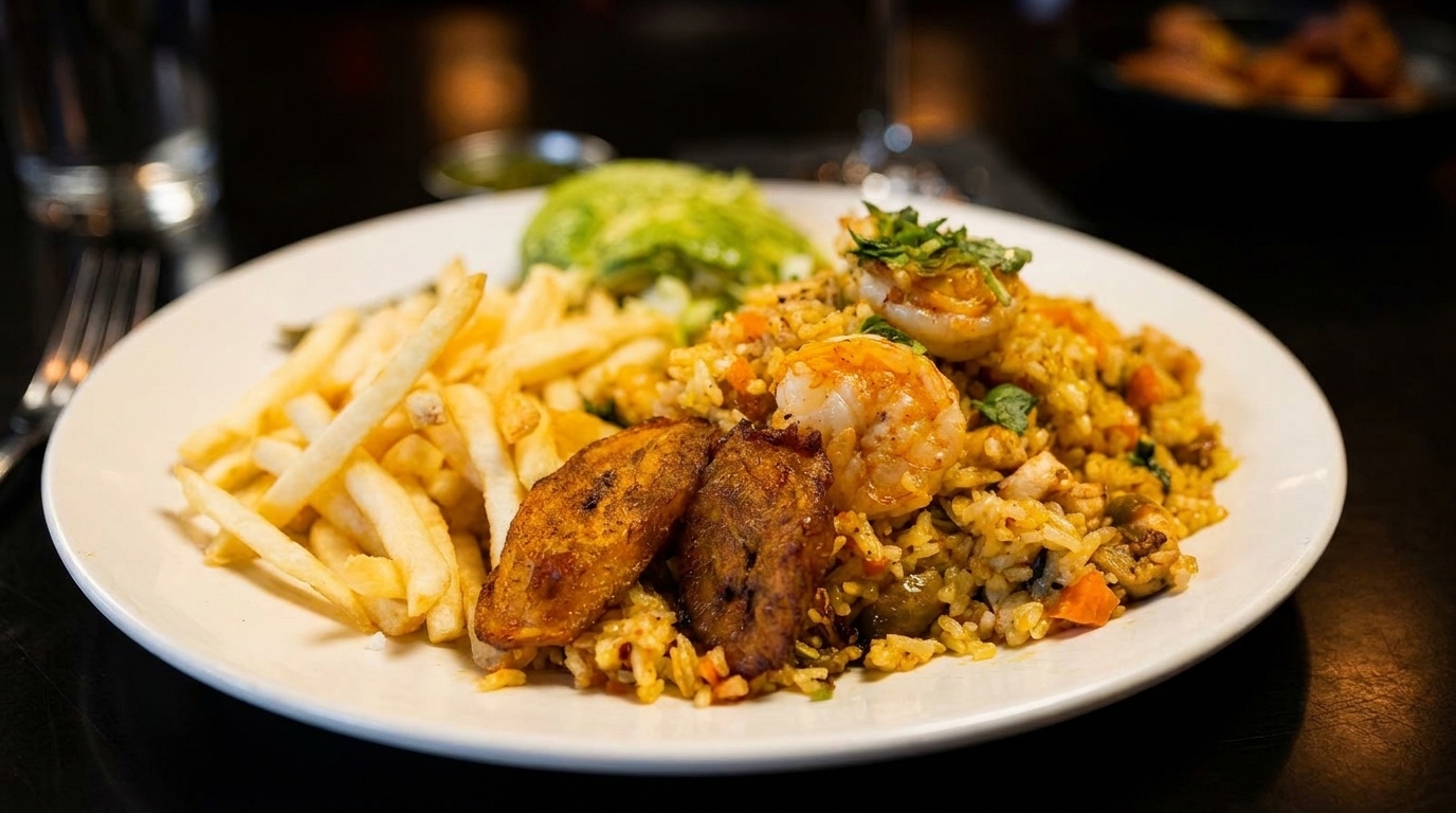 A plate of shrimp fried rice, french fries, fried plantains, and guacamole on a dark table.
