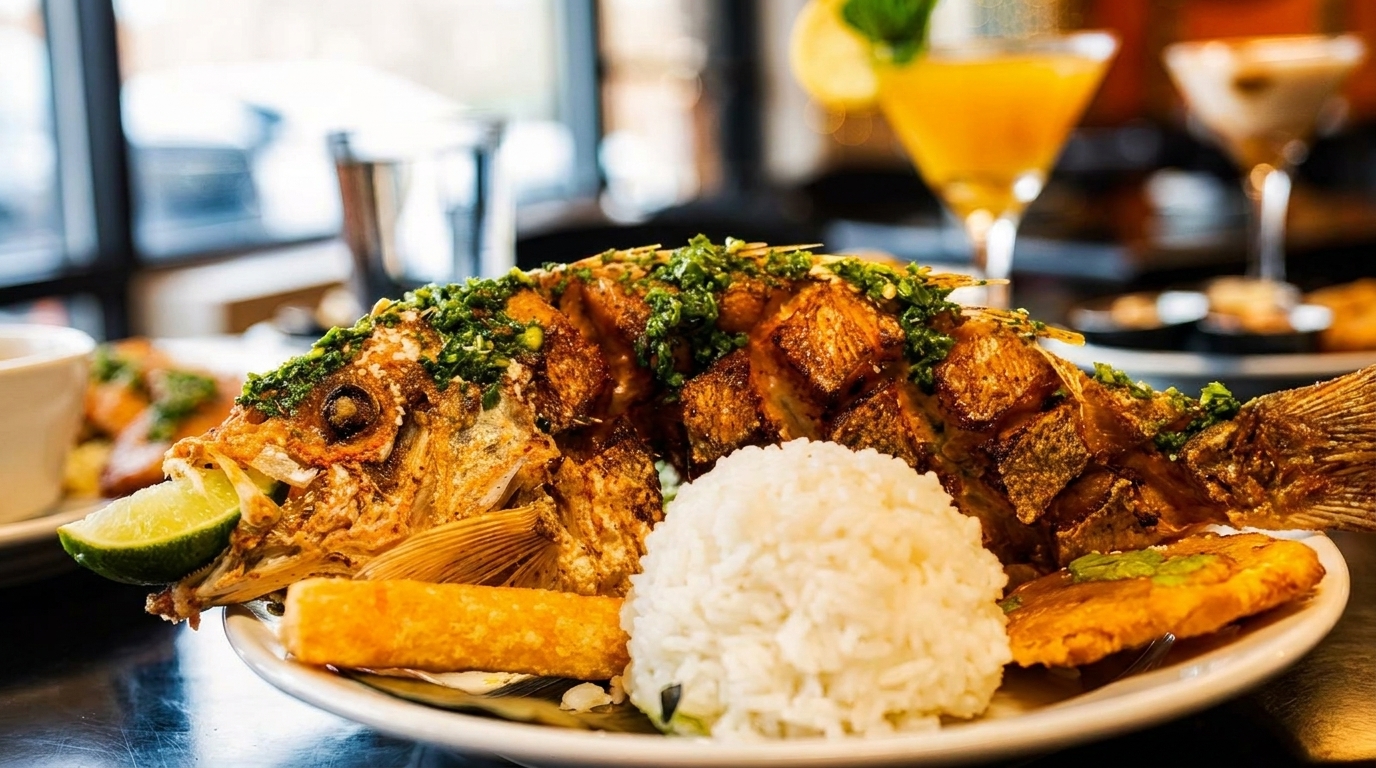 Whole fried fish with green herbs, rice, plantains, and a lime wedge on a white plate.