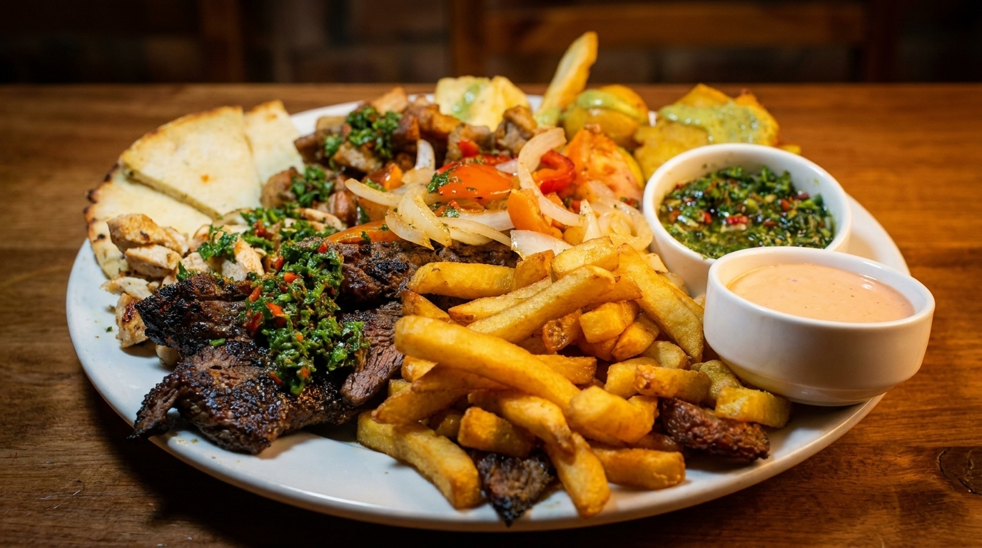 A large platter of grilled meats, french fries, pita bread, and two dipping sauces.