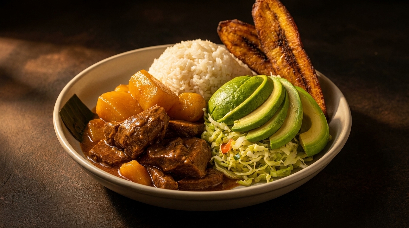 Hearty meal with stewed meat and potatoes, white rice, fried plantains, avocado, and shredded cabbage.