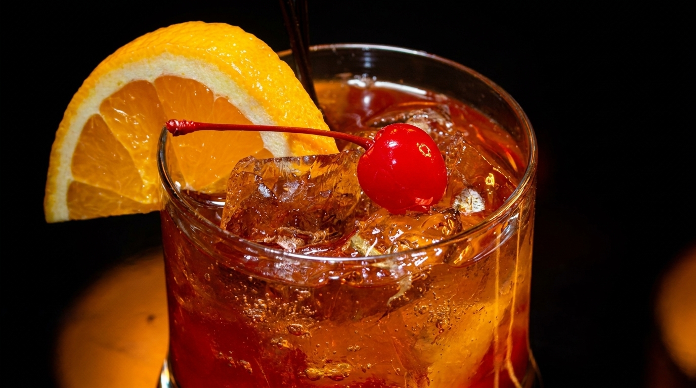 Close-up of a cocktail with ice, an orange slice, and a cherry against a dark background.