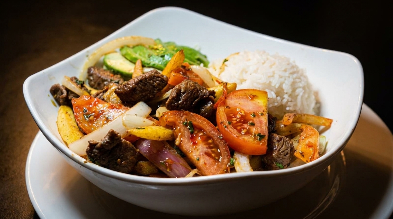 Lomo Saltado with steak, tomatoes, onions, fries, avocado, and white rice in a bowl.