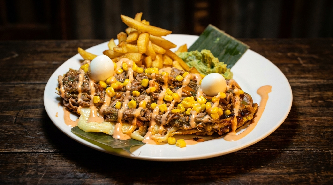 A white plate with a large dish of shredded meat, corn, sauce, two eggs, fries, and guacamole.
