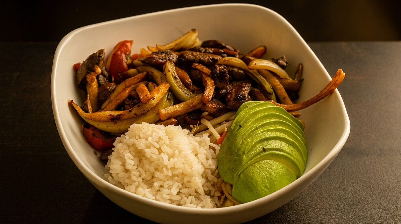 Lomo Saltado with rice and sliced avocado in a white bowl on a dark surface.