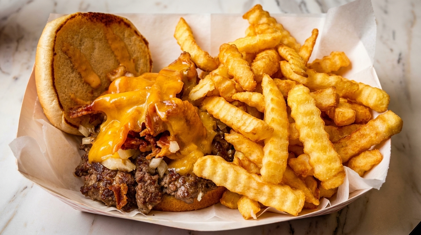 Cheeseburger with melted cheese, bacon, and onions, served with a side of crinkle-cut fries.