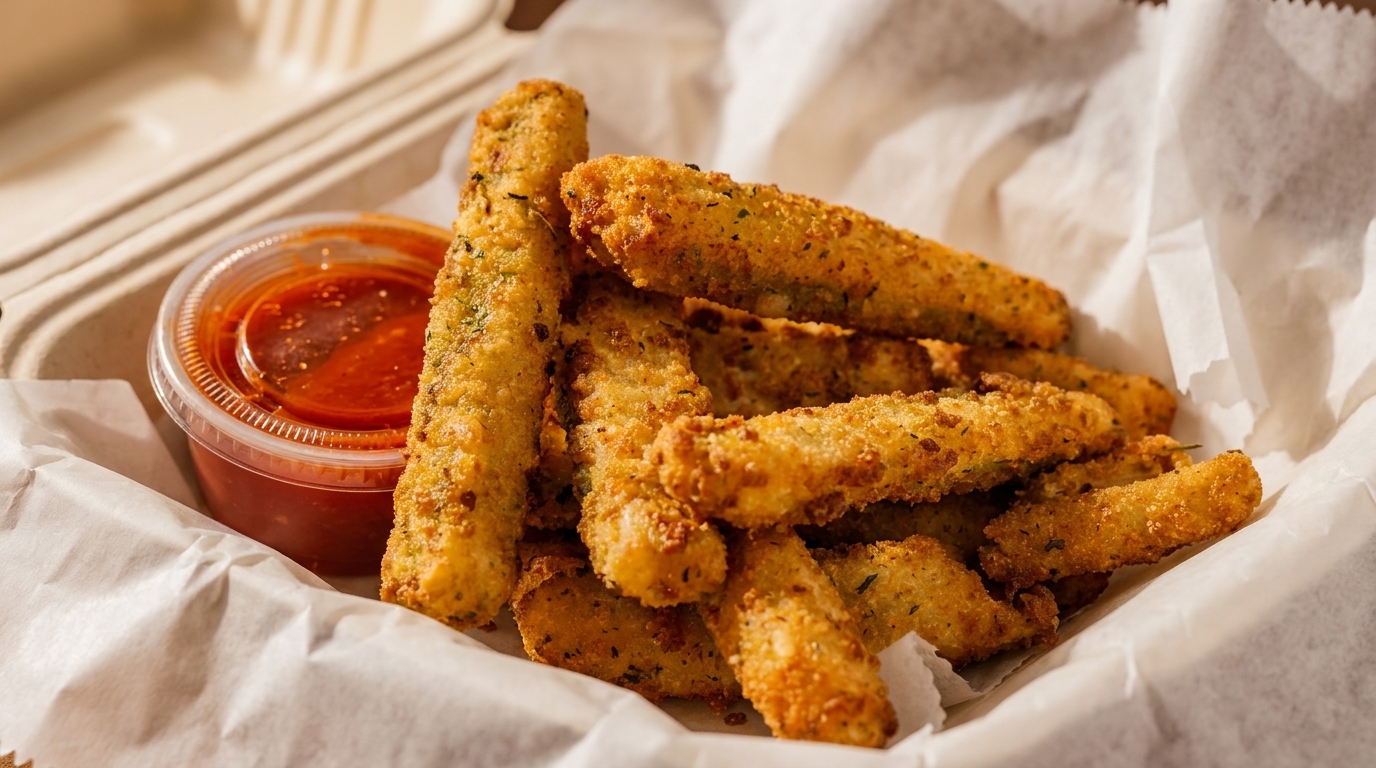 Crispy fried zucchini sticks with herbs and a side of marinara sauce in a takeout container.