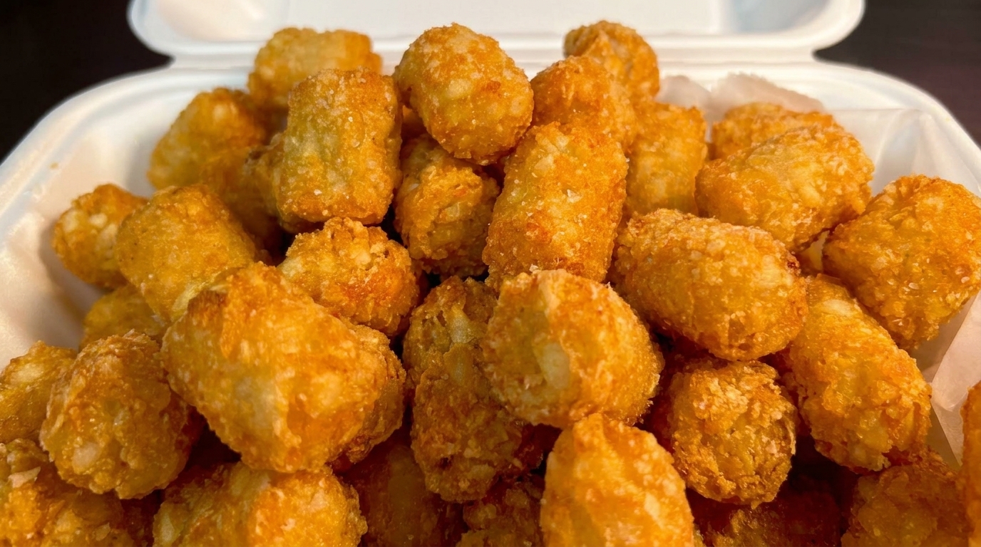 Close-up of golden-brown crispy tater tots piled high in a white takeout container.