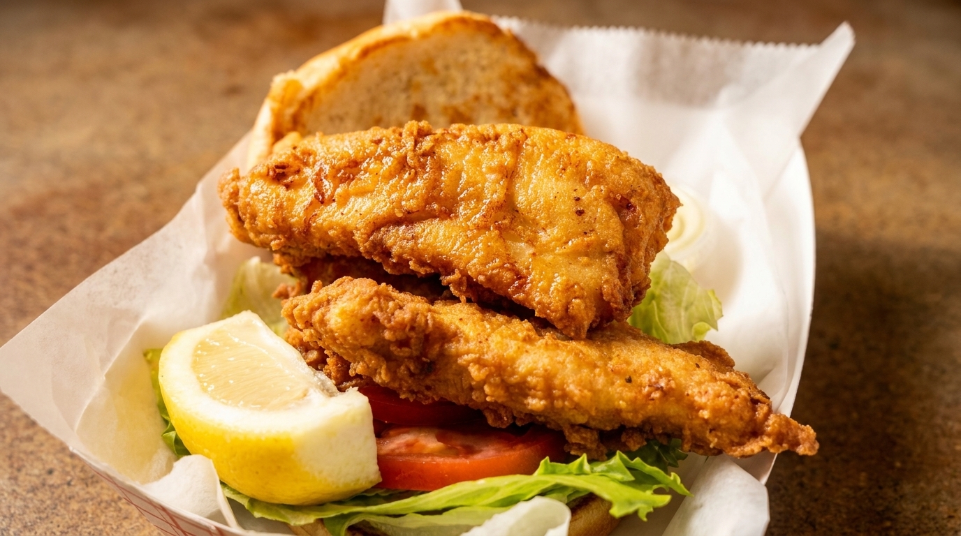 Golden-fried fish sandwich with lettuce, tomato, and a lemon wedge in a paper tray.
