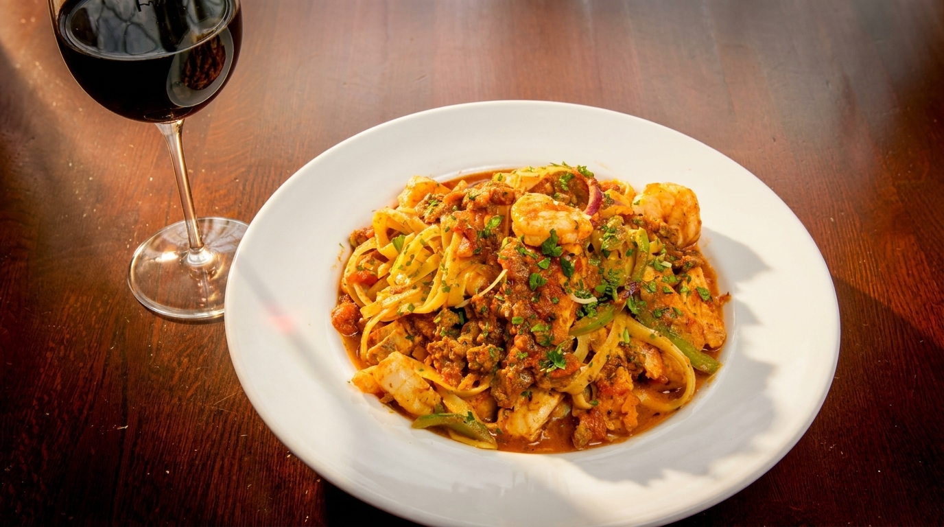 A plate of seafood pasta with shrimp and calamari next to a glass of red wine.