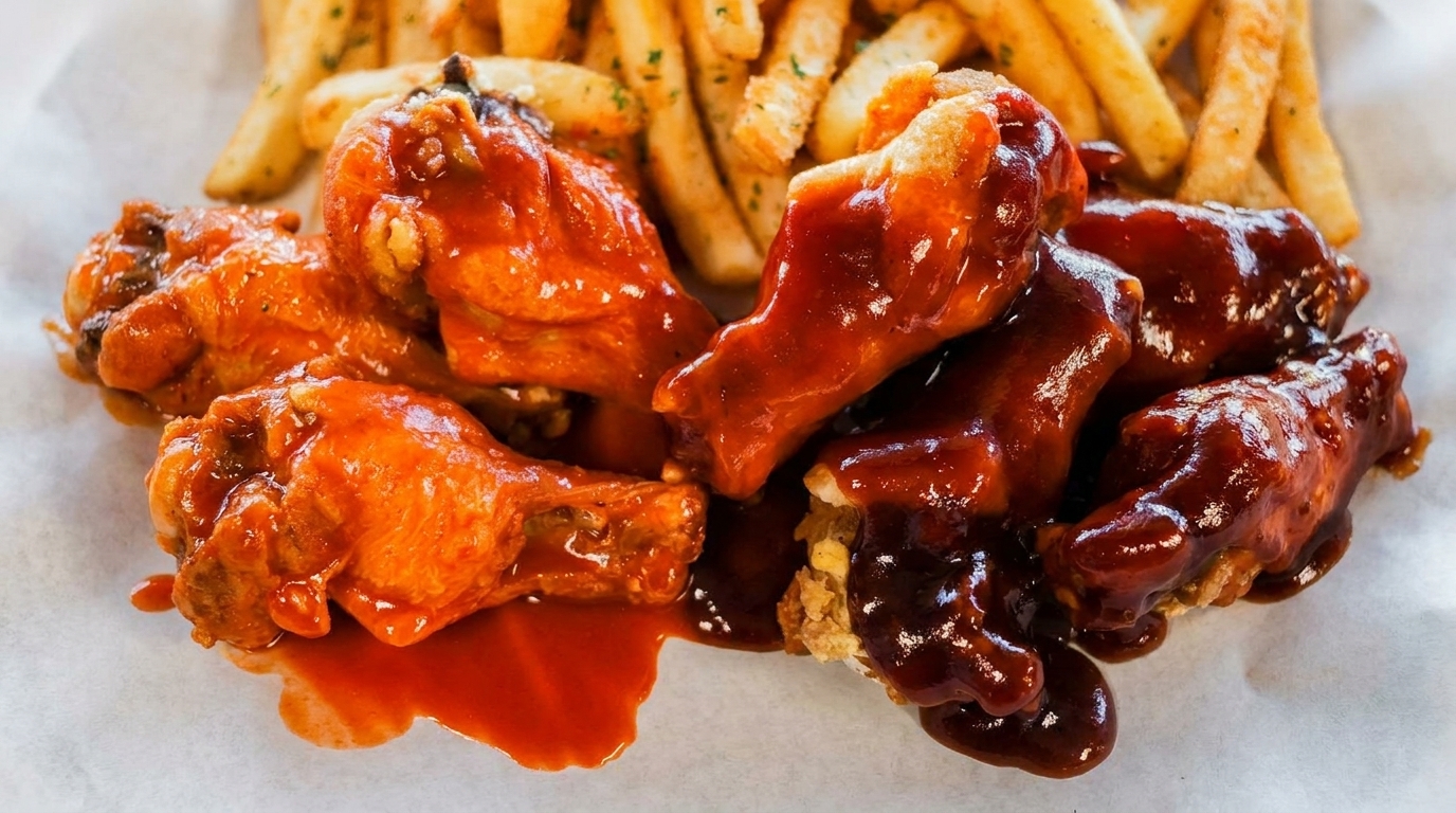 Chicken wings, some with red sauce and some with brown sauce, served with french fries.
