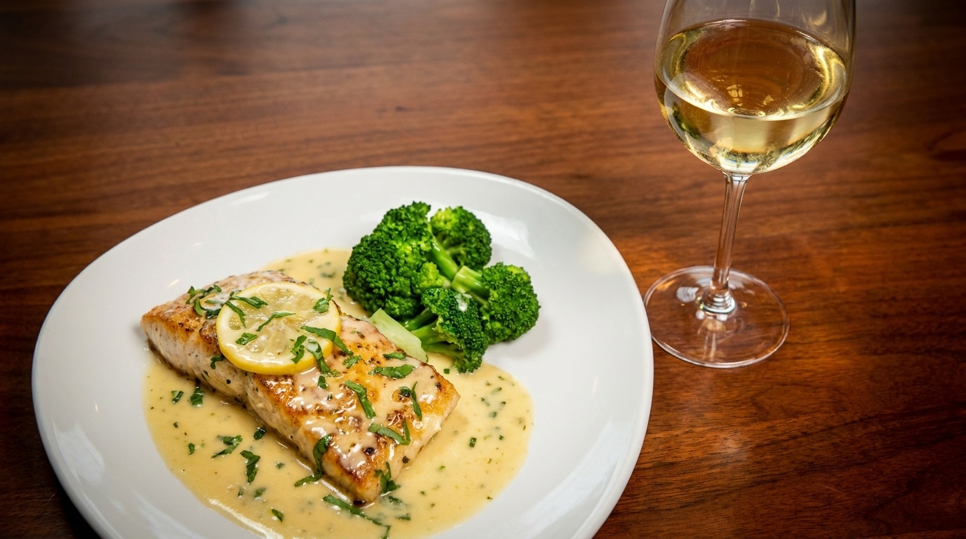 Pan-seared salmon with lemon, herbs, creamy sauce, and broccoli, served with white wine.