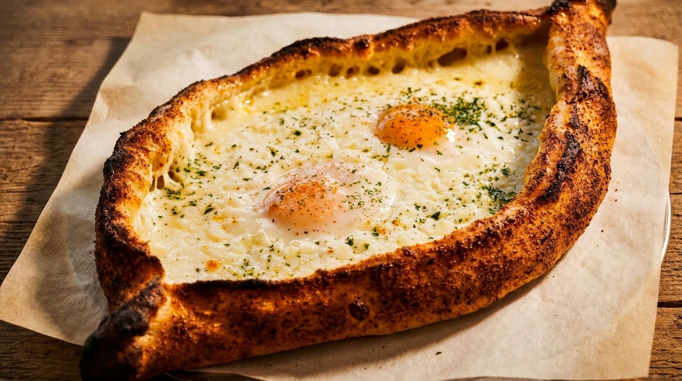 A boat-shaped khachapuri with melted cheese, two baked eggs, and green herbs on parchment paper.