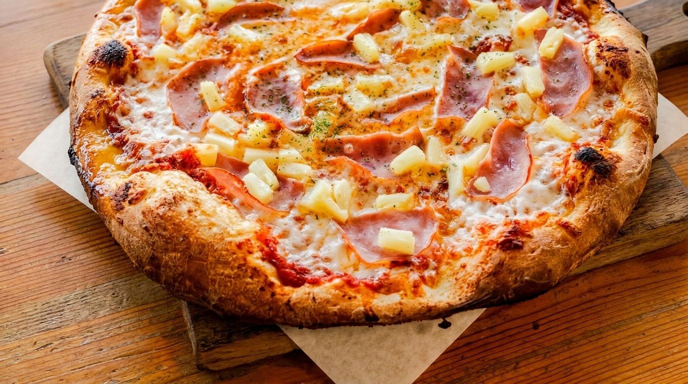 A Hawaiian pizza with ham and pineapple on a wooden board.