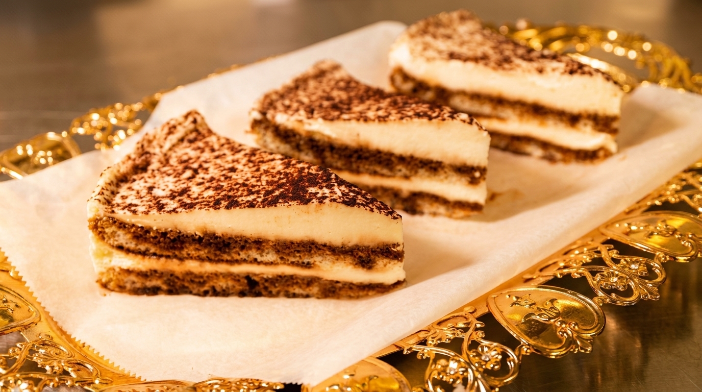 Three slices of tiramisu with cocoa powder on top, served on a decorative gold tray.
