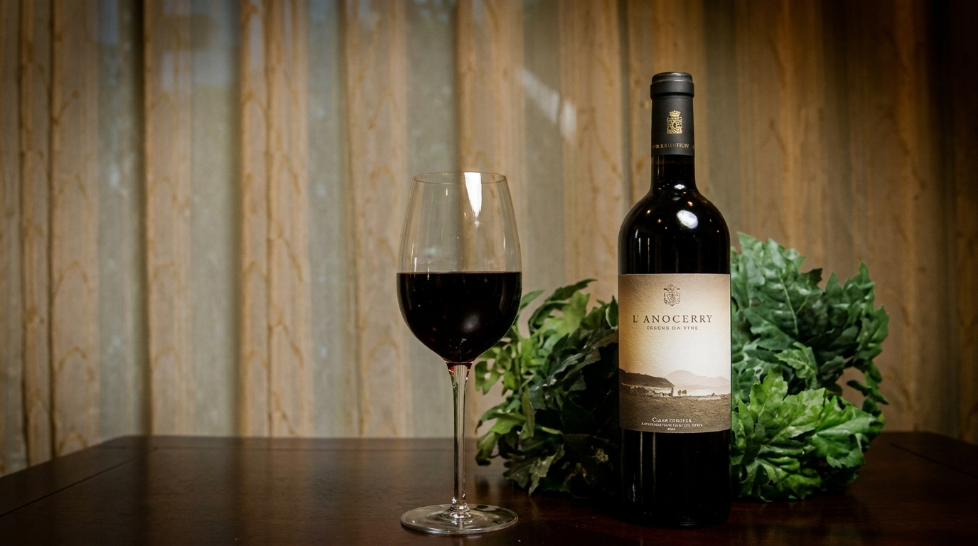 A bottle of red wine and a full glass of red wine sit on a table with green foliage.
