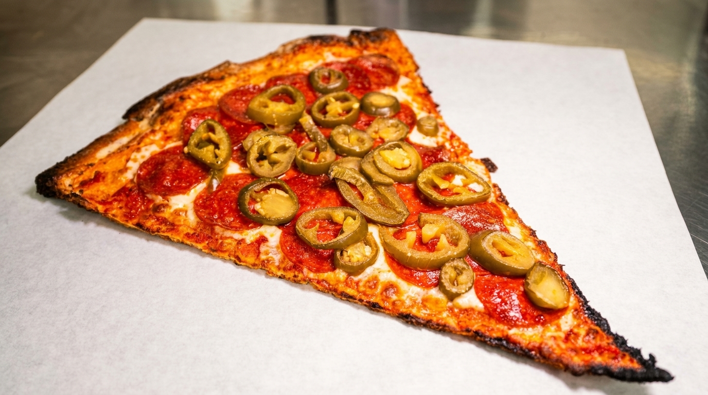 A single slice of pepperoni and jalapeño pizza on white parchment paper.