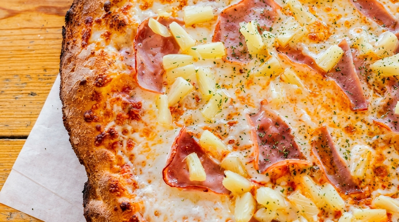 Close-up of a Hawaiian pizza with ham, pineapple, and melted cheese on a wooden table.