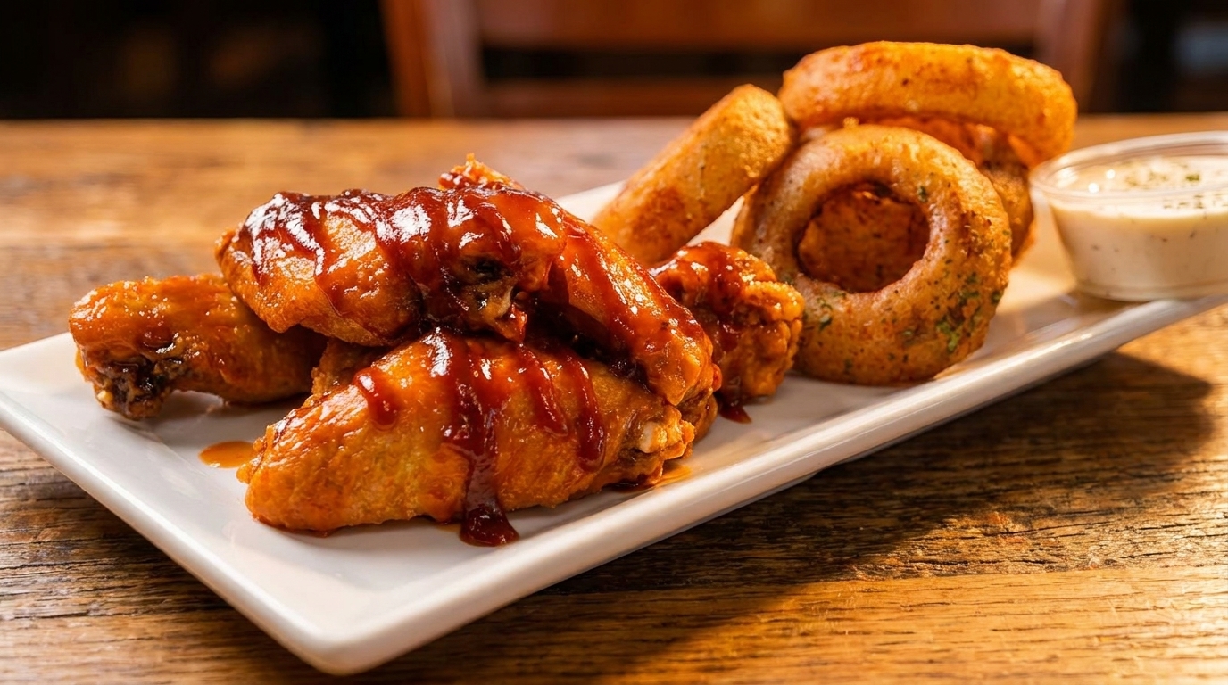 BBQ chicken wings and onion rings with dipping sauce on a white rectangular plate.